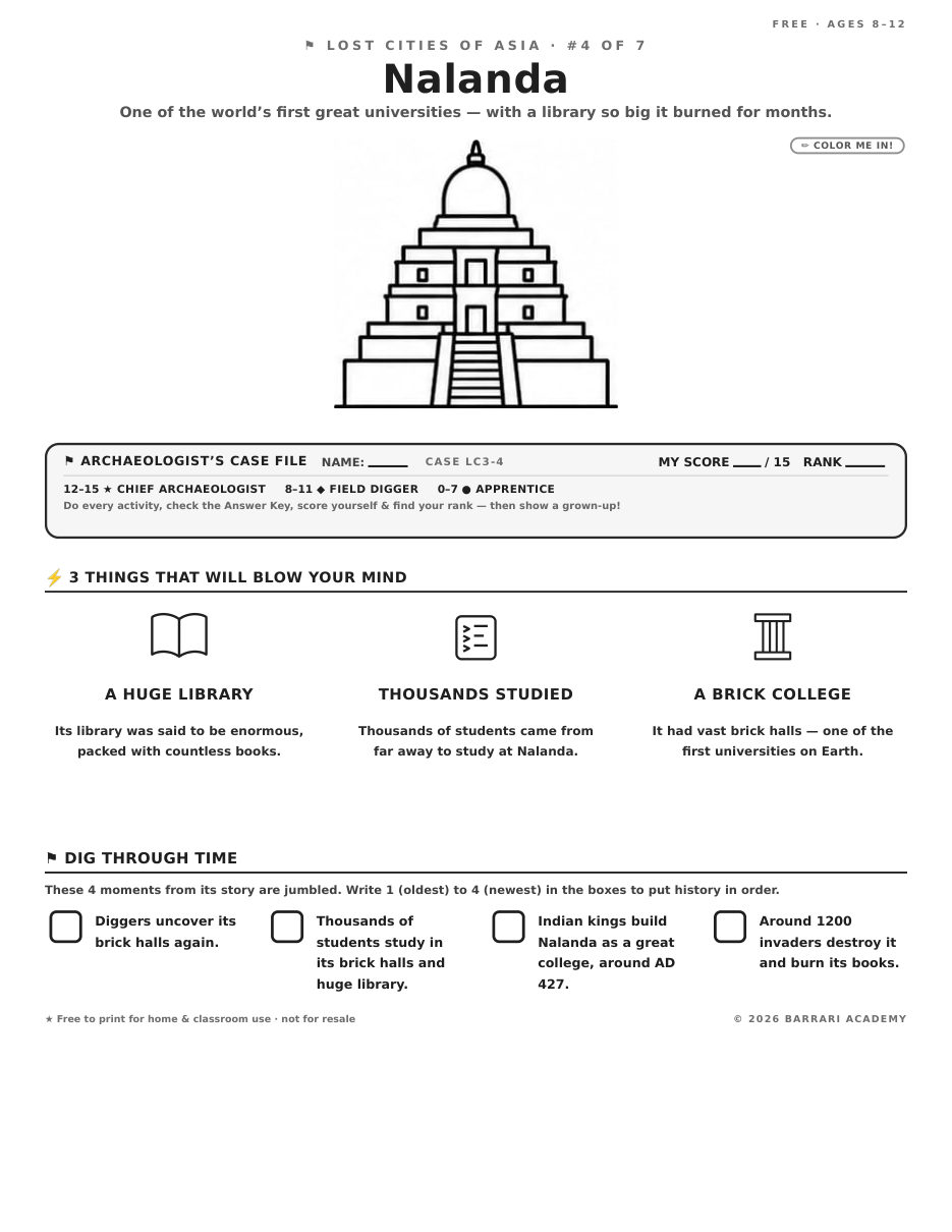 The free Nalanda worksheet — fun facts and activities