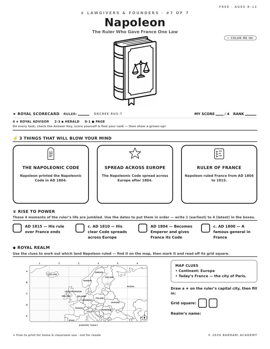 The free Napoleon worksheet — fun facts and activities