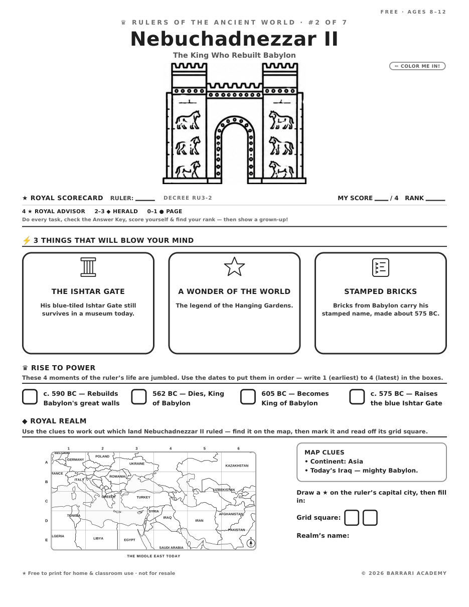 The free Nebuchadnezzar II worksheet — fun facts and activities