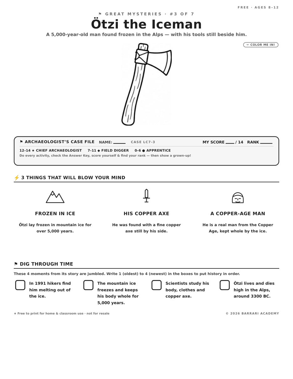 The free Ötzi the Iceman worksheet — fun facts and activities