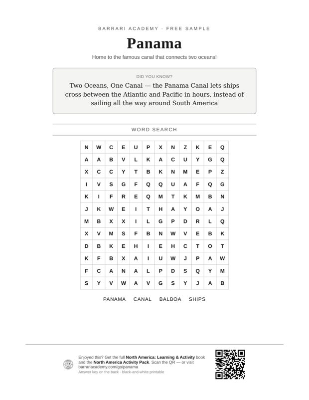 The free Panama worksheet — a fun fact and a word search