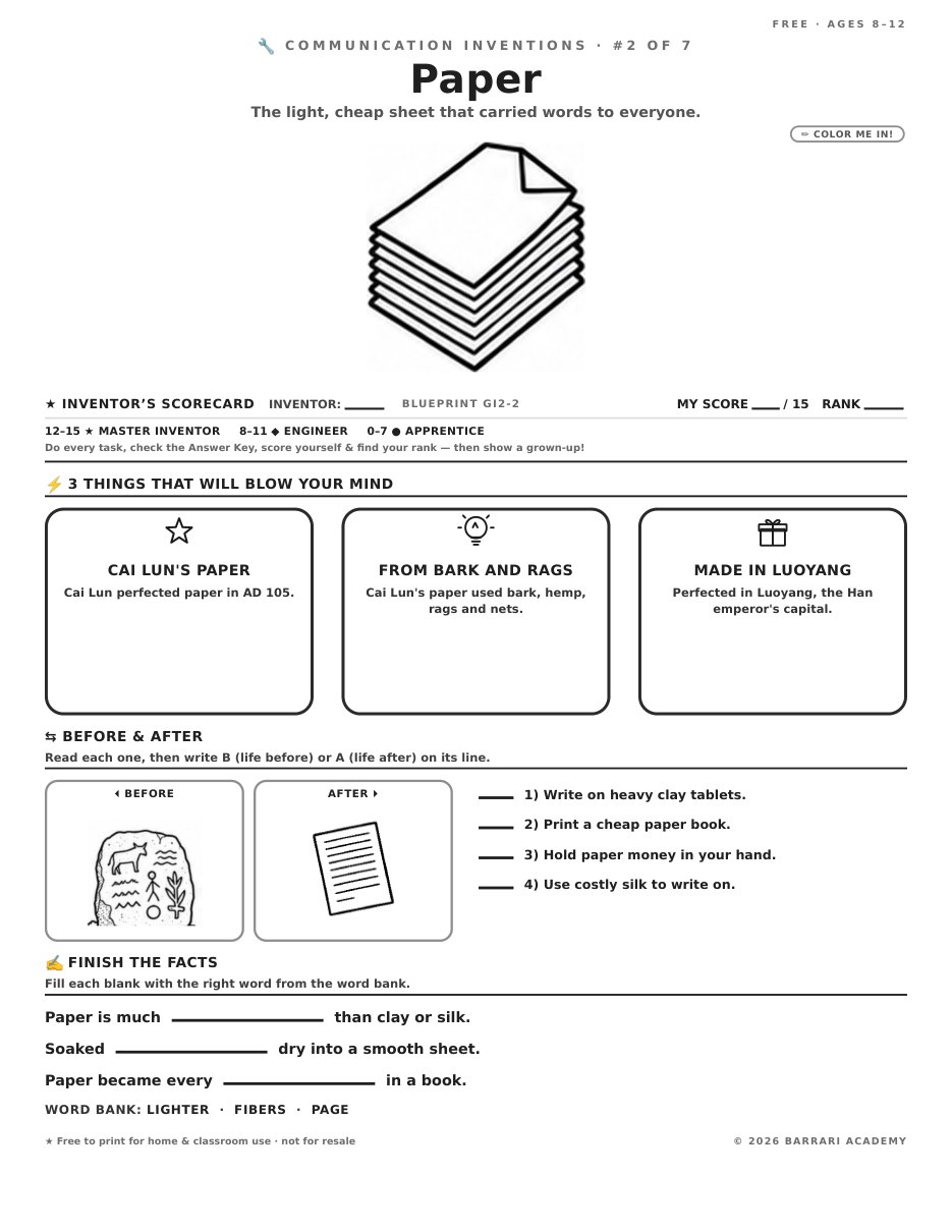 The free Paper worksheet — fun facts and activities