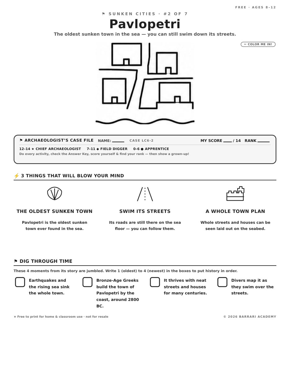 The free Pavlopetri worksheet — fun facts and activities