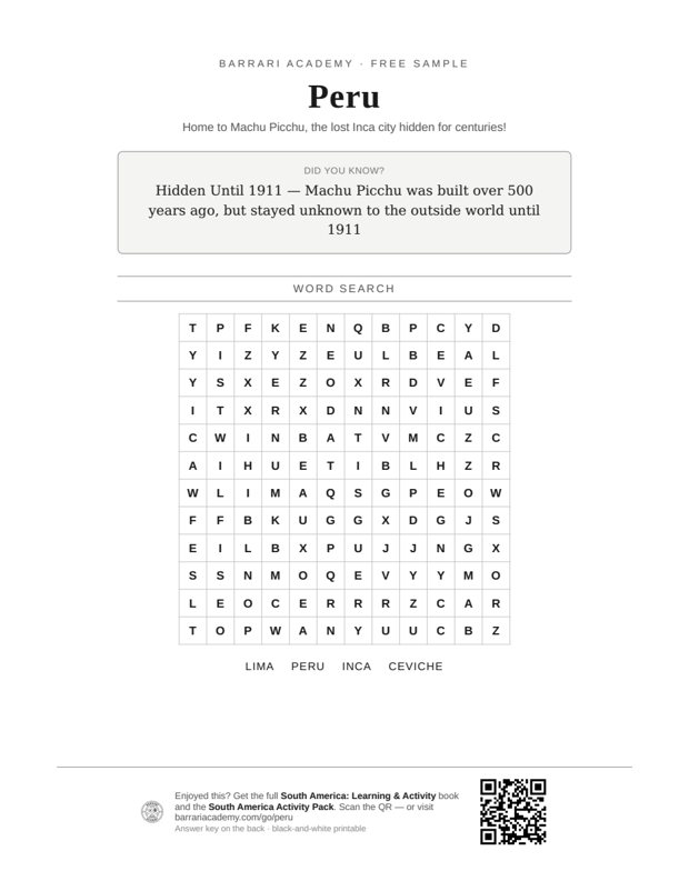 The free Peru worksheet — a fun fact and a word search