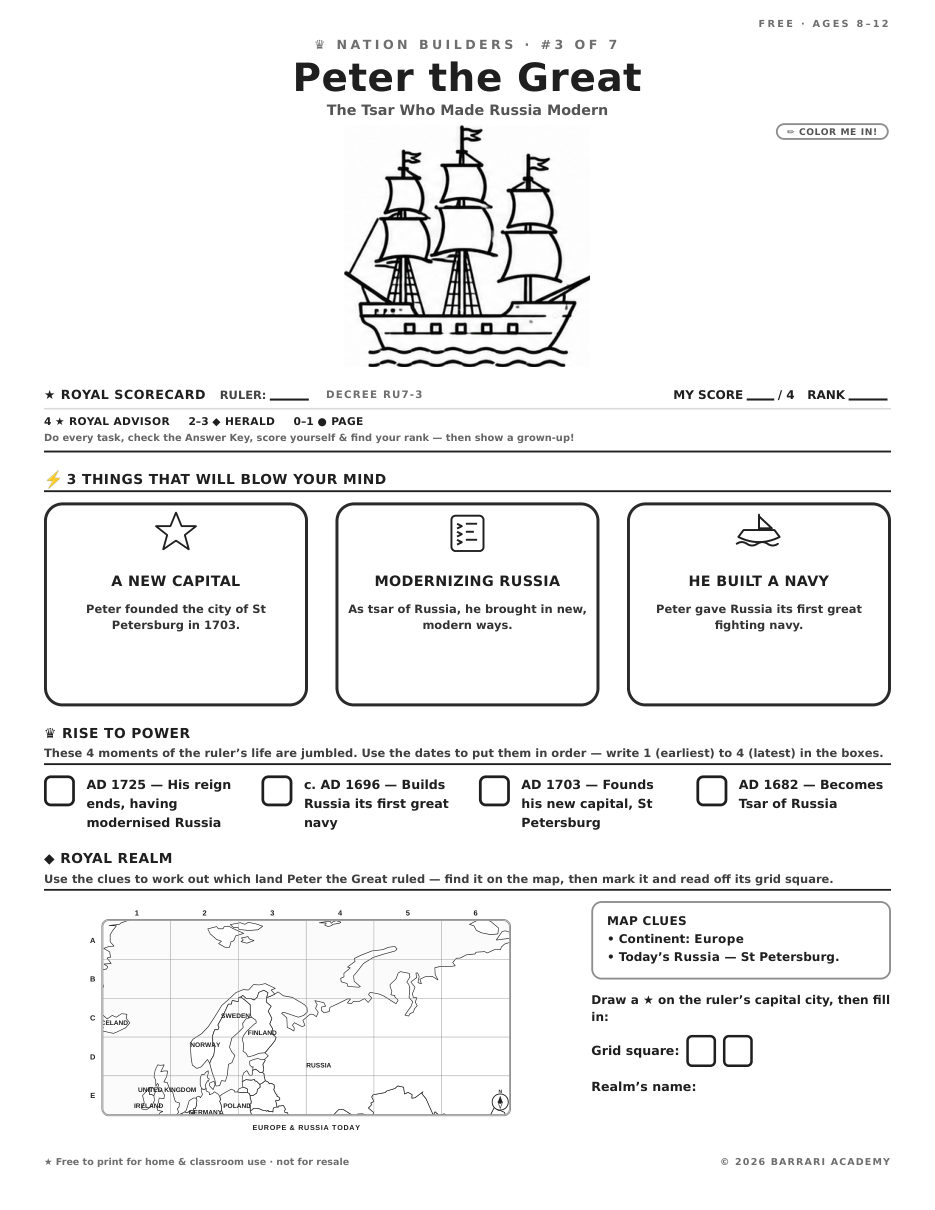 The free Peter the Great worksheet — fun facts and activities