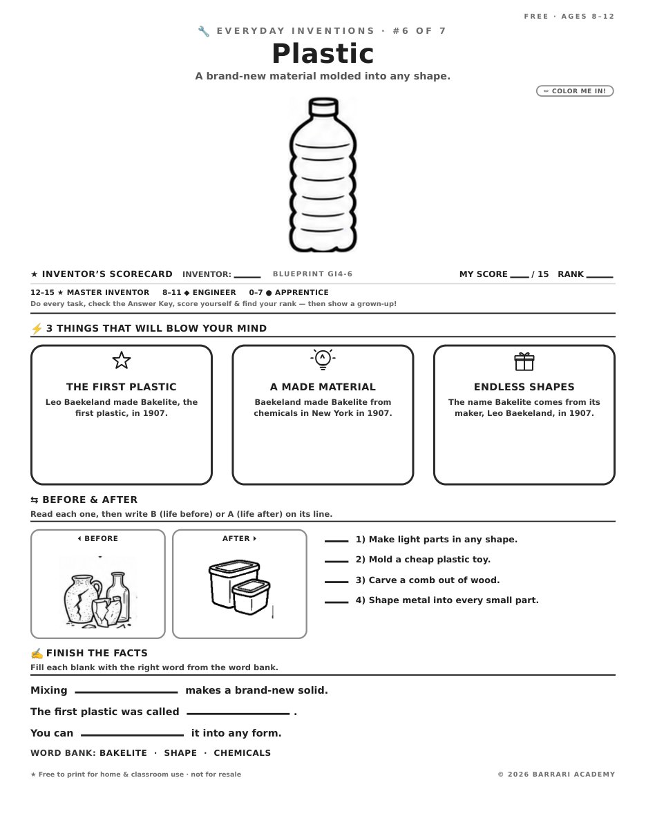 The free Plastic worksheet — fun facts and activities