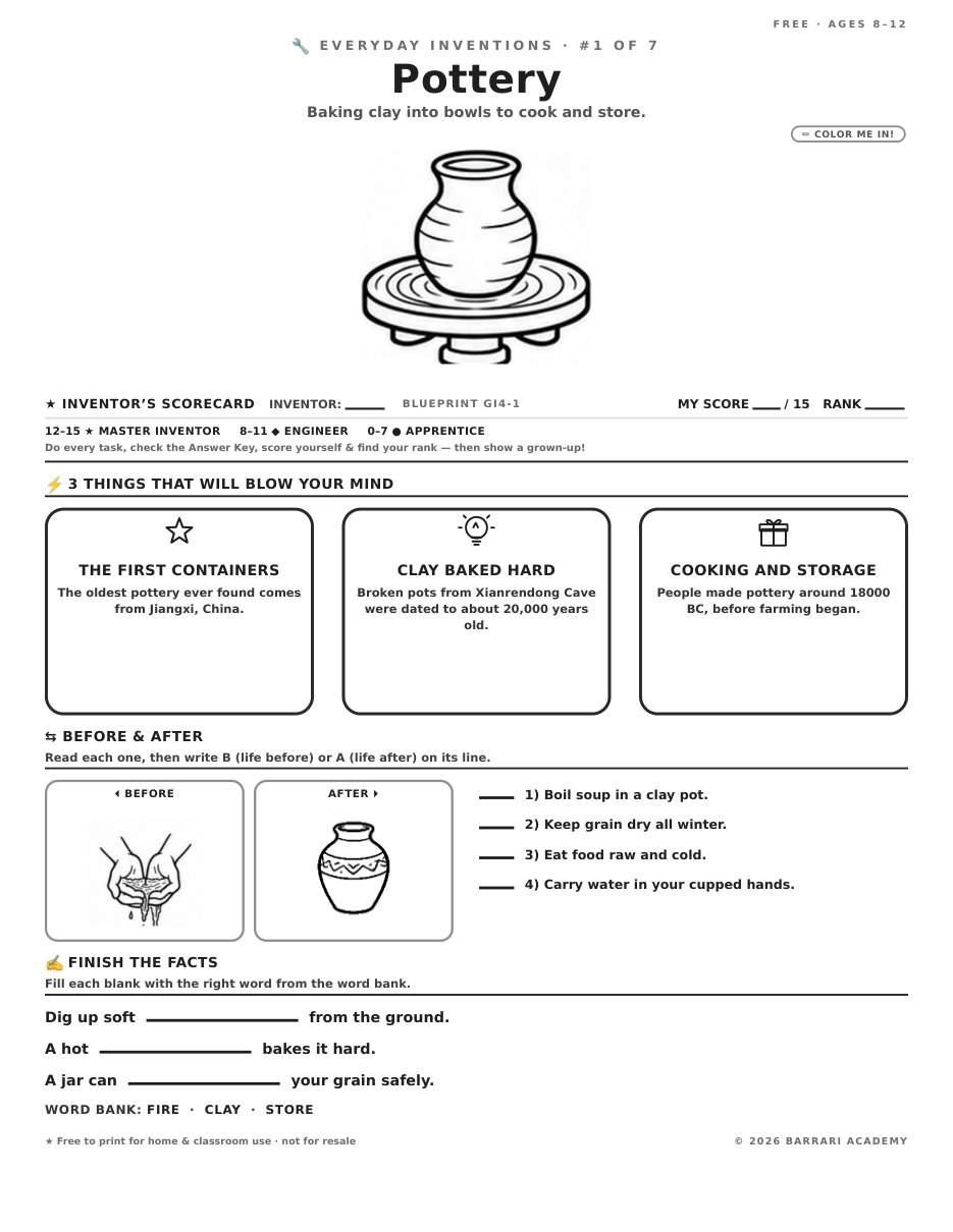 The free Pottery worksheet — fun facts and activities