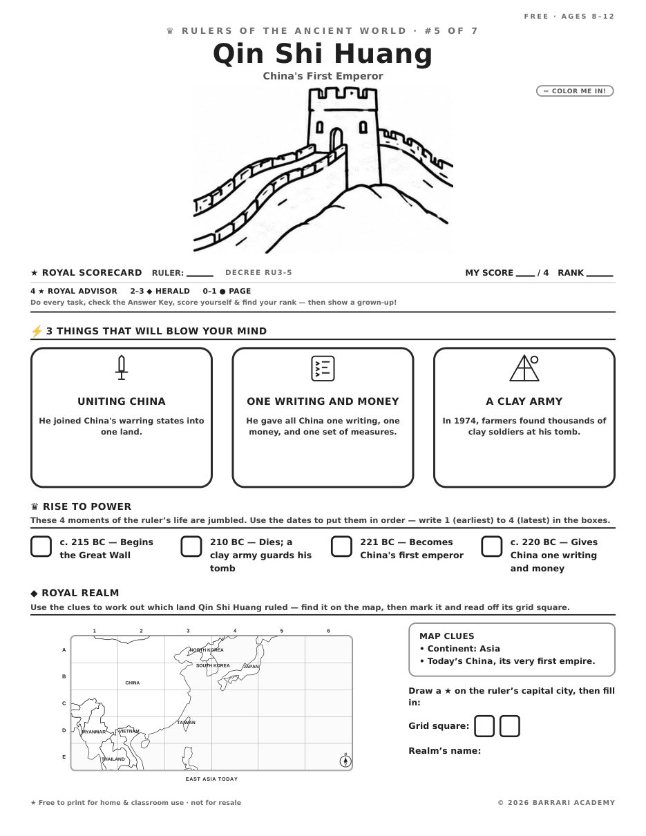 The free Qin Shi Huang worksheet — fun facts and activities