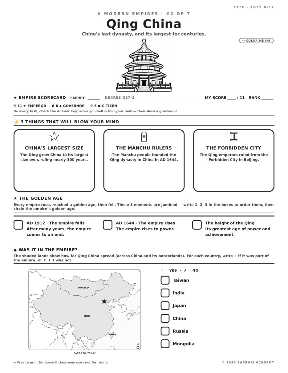 The free Qing China worksheet — fun facts and activities
