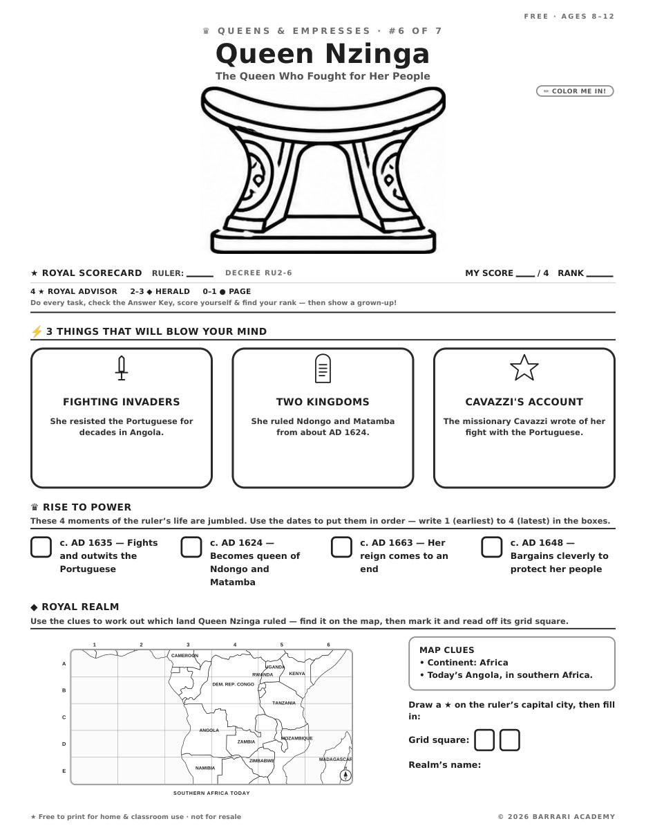The free Queen Nzinga worksheet — fun facts and activities