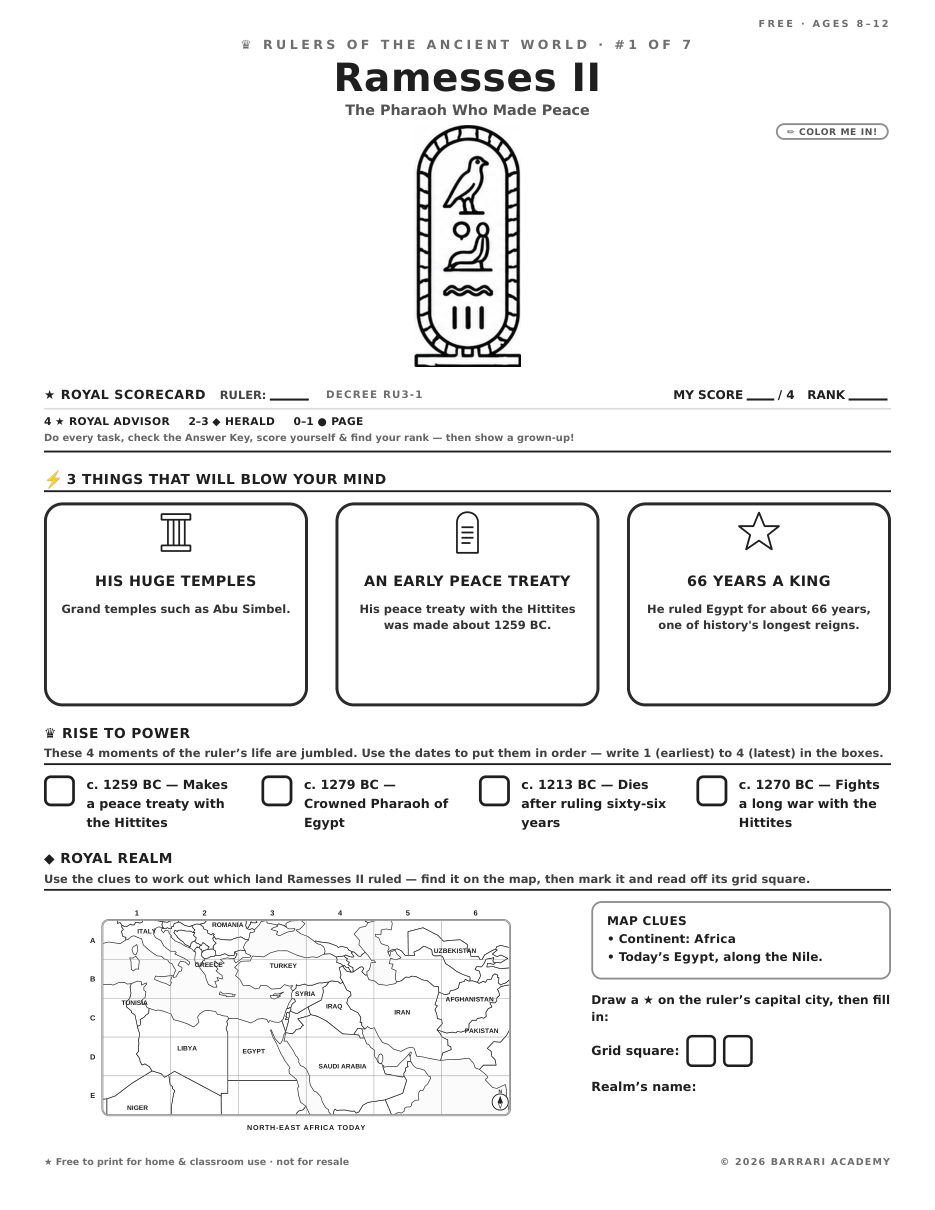 The free Ramesses II worksheet — fun facts and activities