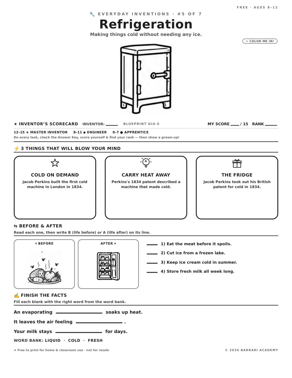 The free Refrigeration worksheet — fun facts and activities