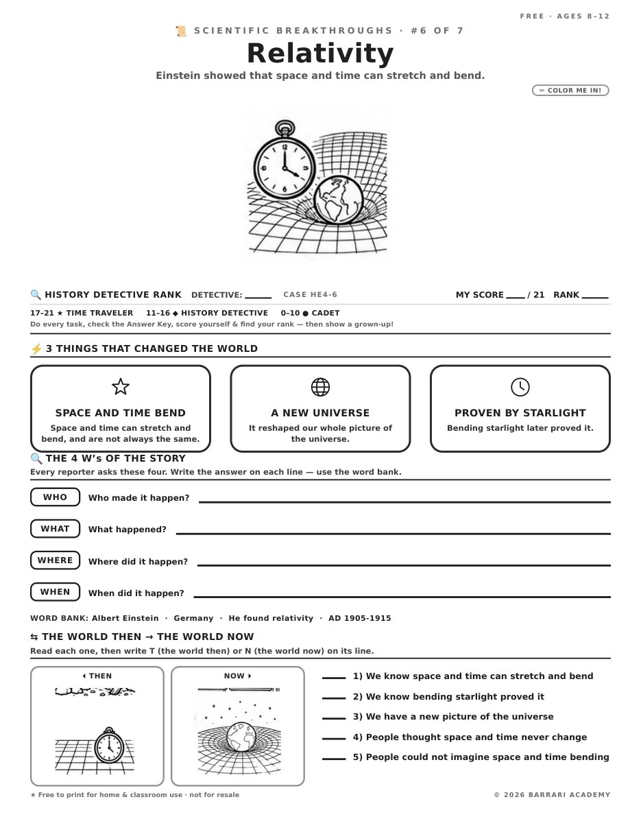 The free Relativity worksheet — fun facts and activities