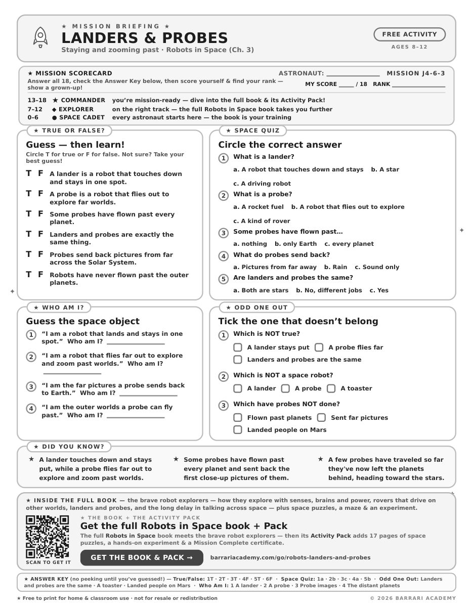 The free Landers and Probes worksheet — fun facts and activities