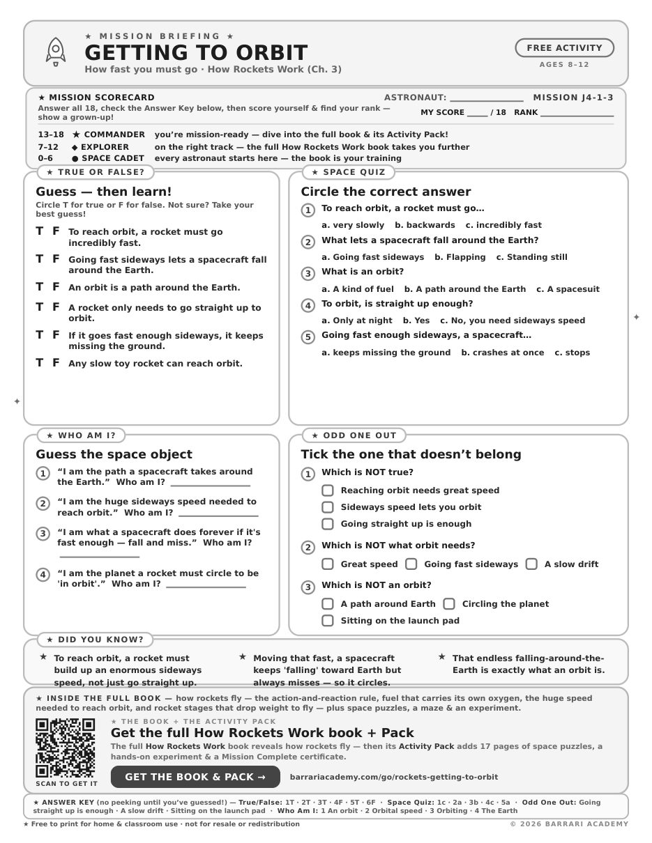 The free Getting to Orbit worksheet — fun facts and activities