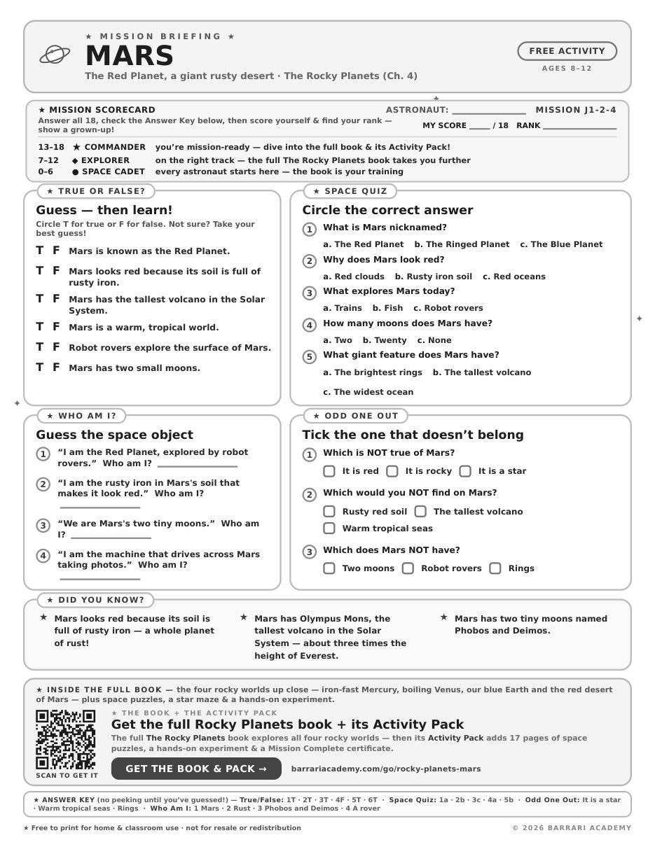 The free Mars worksheet — fun facts and activities