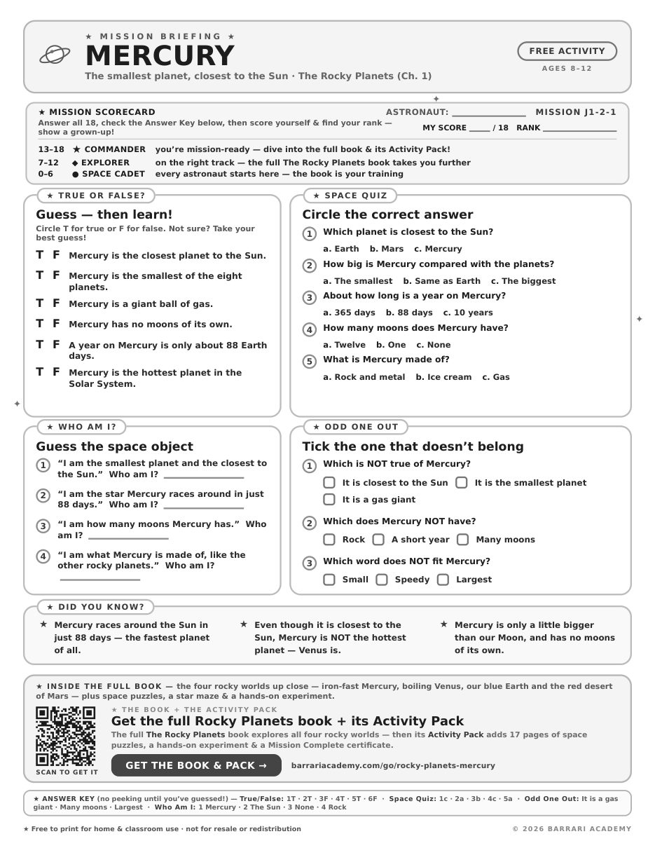The free Mercury worksheet — fun facts and activities