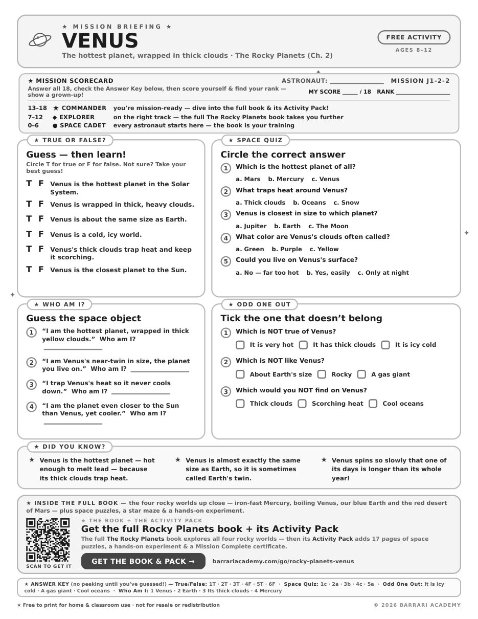 The free Venus worksheet — fun facts and activities