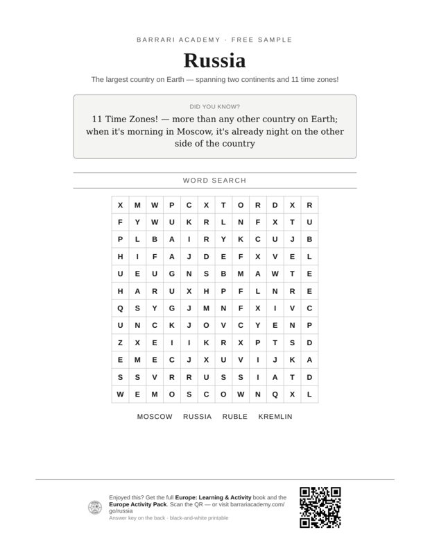The free Russia worksheet — a fun fact and a word search