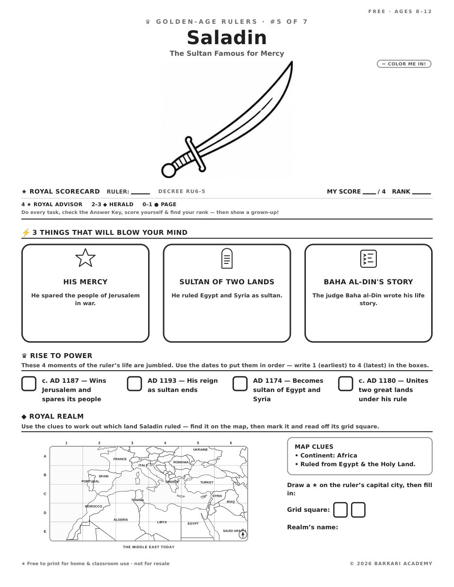 The free Saladin worksheet — fun facts and activities