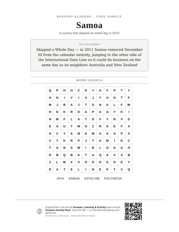 The free Samoa worksheet — a fun fact and a word search
