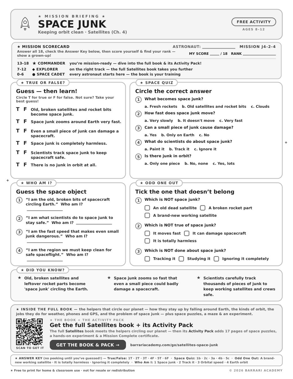 The free Space Junk worksheet — fun facts and activities