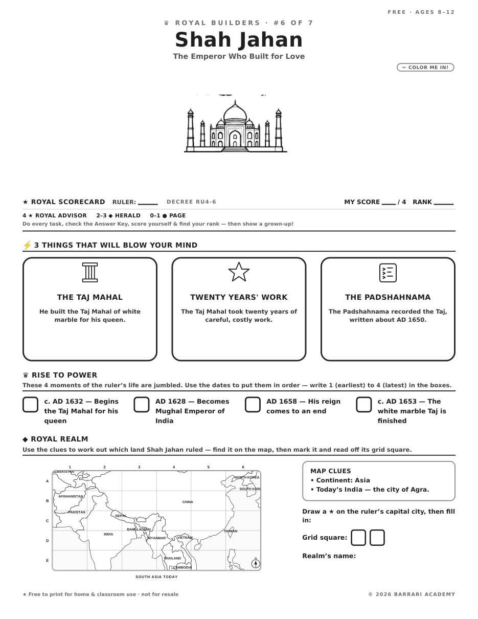 The free Shah Jahan worksheet — fun facts and activities
