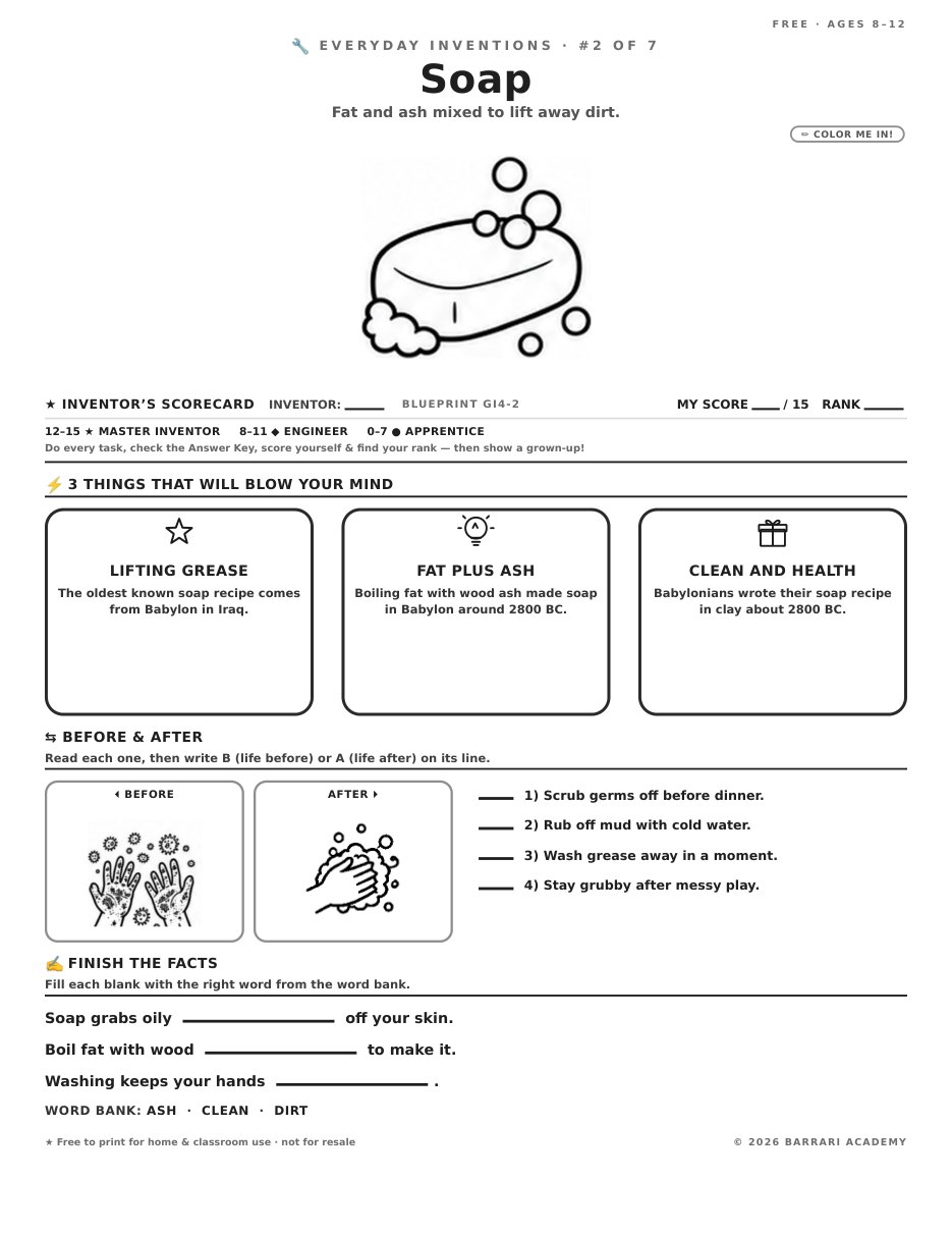 The free Soap worksheet — fun facts and activities