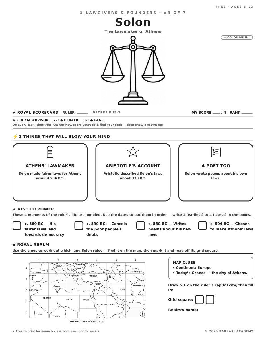 The free Solon worksheet — fun facts and activities