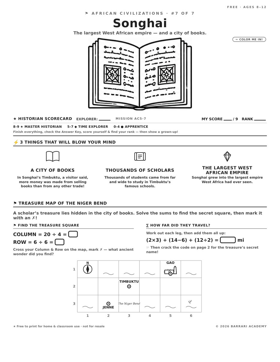 The free Songhai worksheet — fun facts and activities