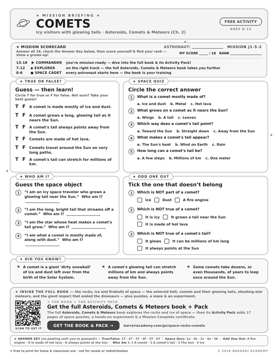 The free Comets worksheet — fun facts and activities
