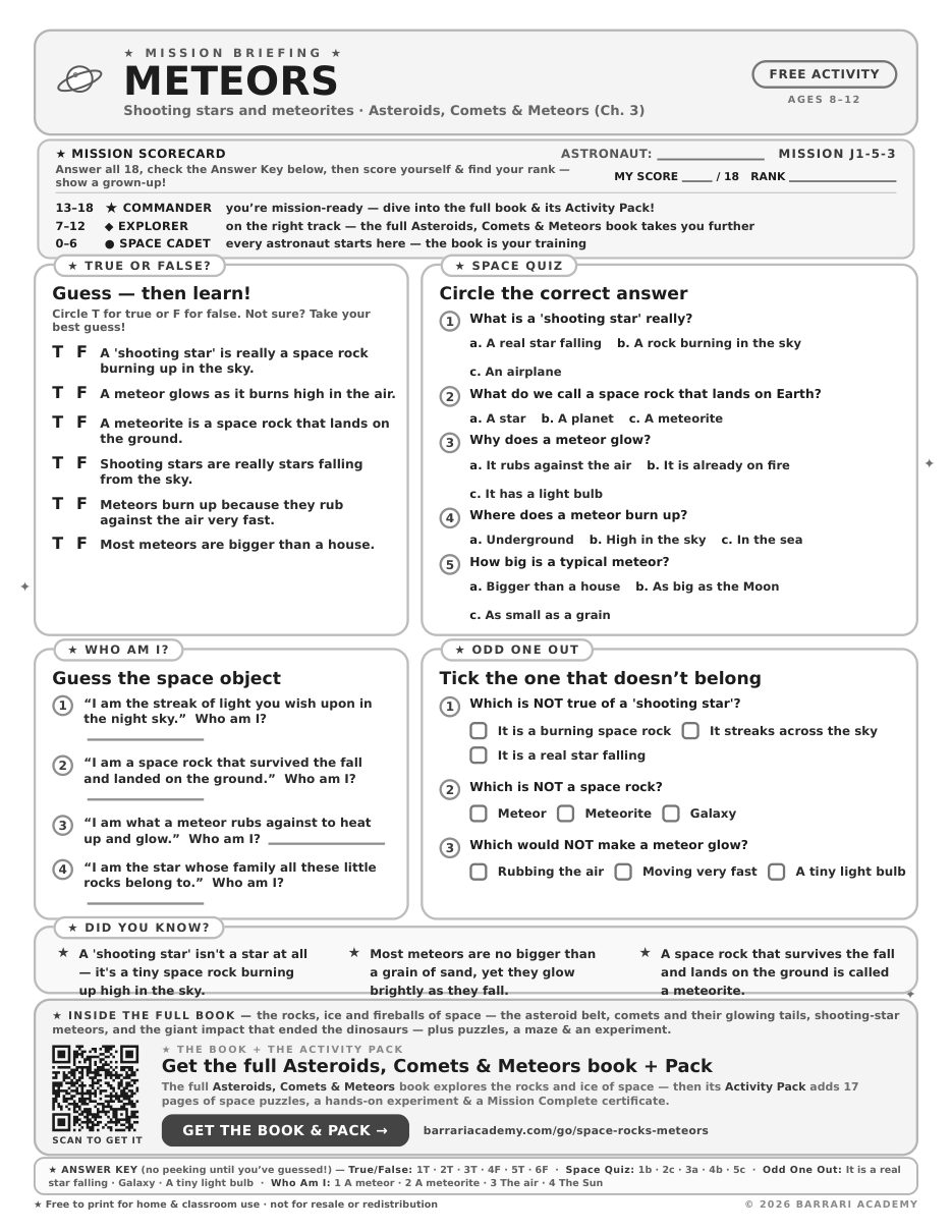 The free Meteors worksheet — fun facts and activities
