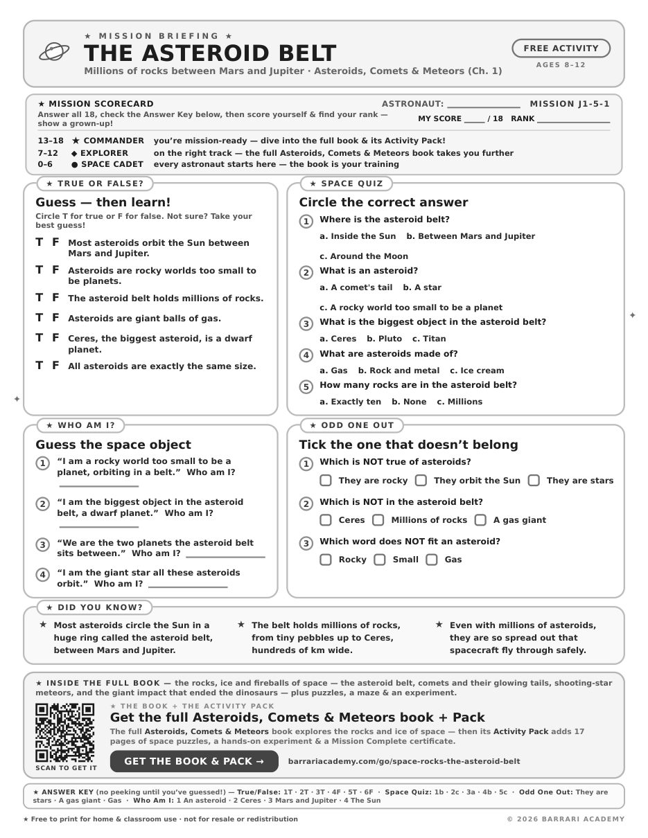 The free The Asteroid Belt worksheet — fun facts and activities