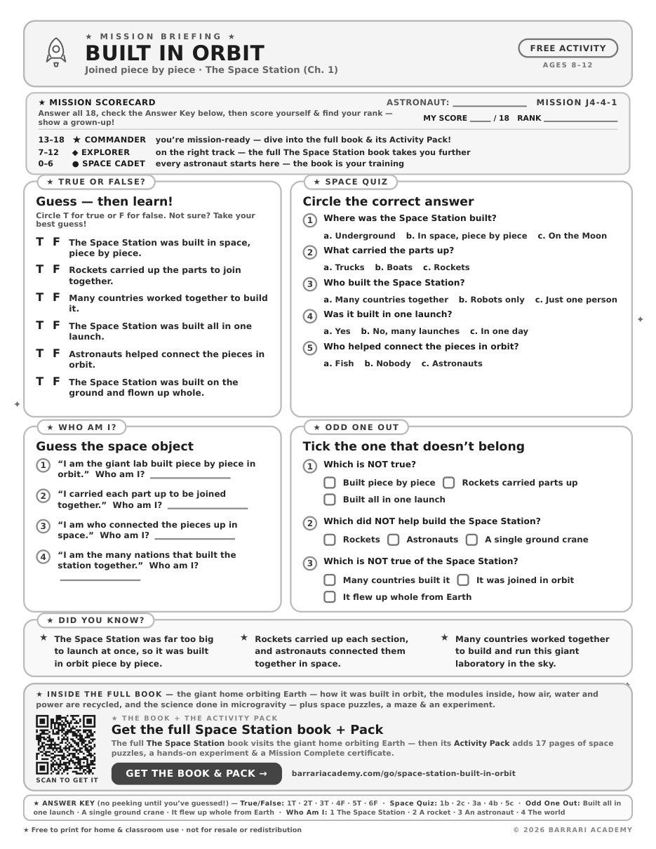 The free Built in Orbit worksheet — fun facts and activities