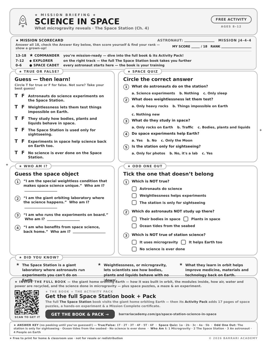 The free Science in Space worksheet — fun facts and activities