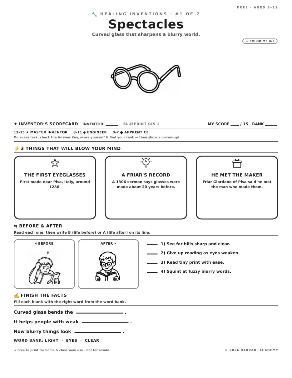 The free Spectacles worksheet — fun facts and activities