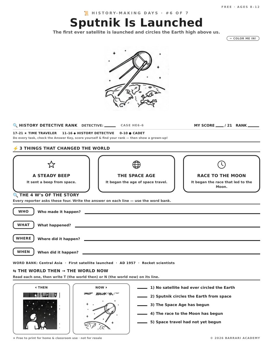 The free Sputnik Is Launched worksheet — fun facts and activities