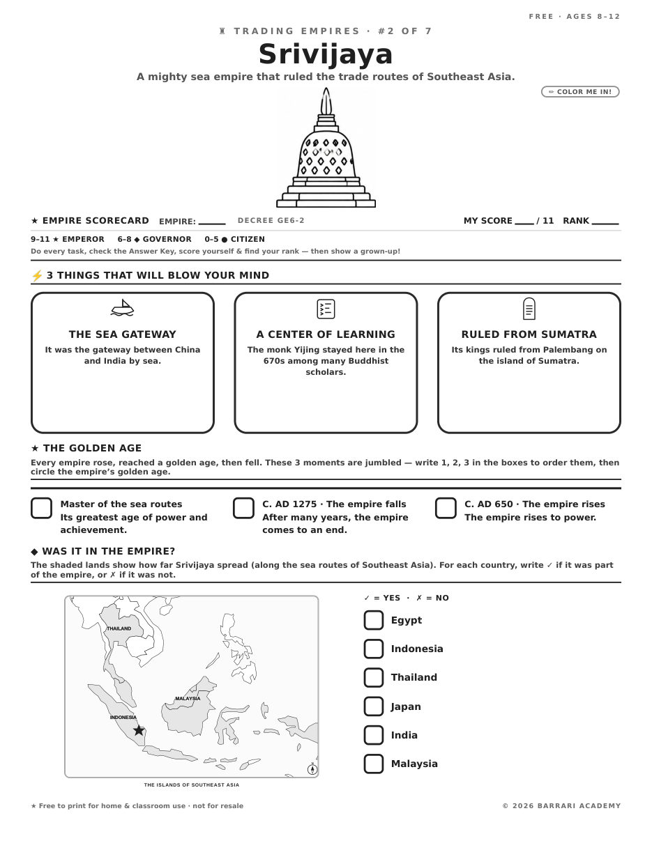 The free Srivijaya worksheet — fun facts and activities