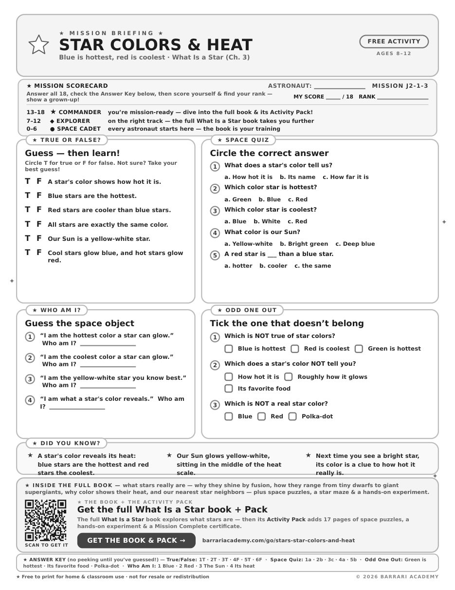 The free Star Colors and Heat worksheet — fun facts and activities
