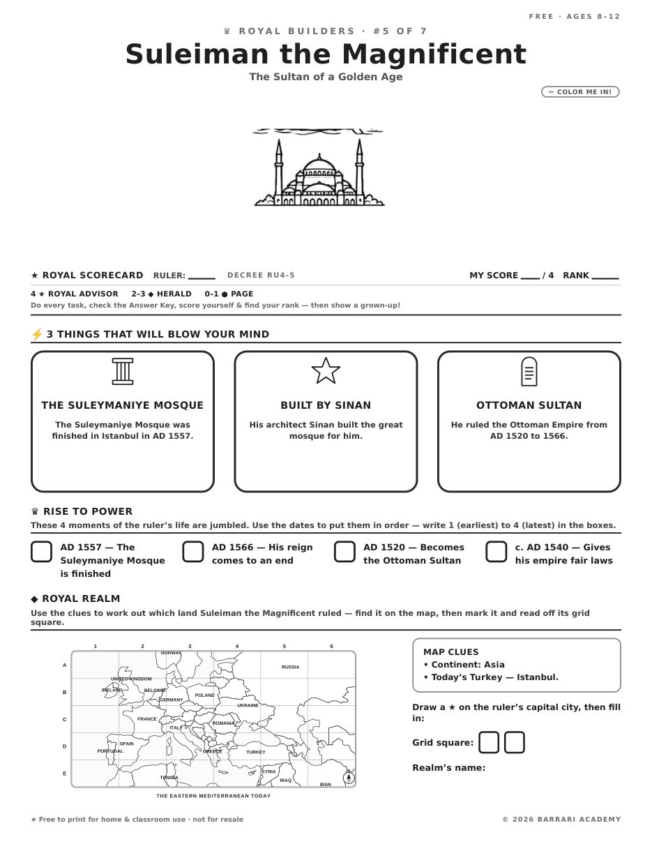 The free Suleiman the Magnificent worksheet — fun facts and activities