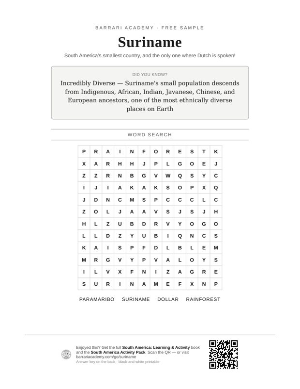 The free Suriname worksheet — a fun fact and a word search