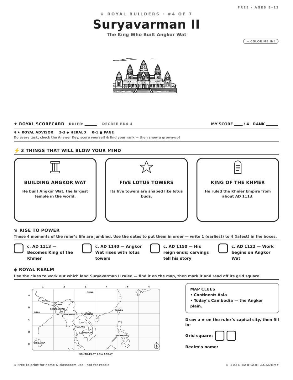 The free Suryavarman II worksheet — fun facts and activities