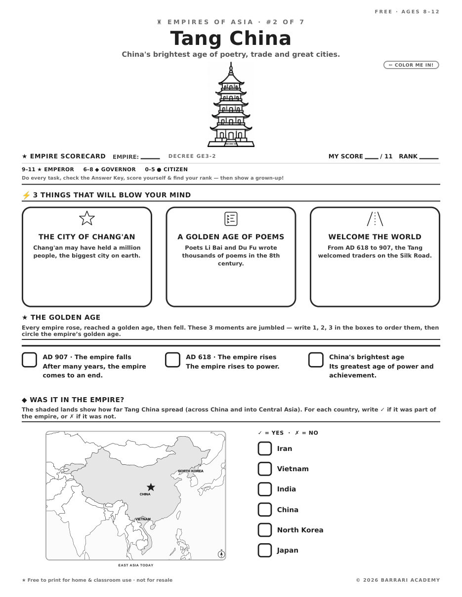 The free Tang China worksheet — fun facts and activities