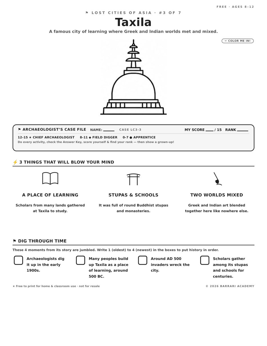 The free Taxila worksheet — fun facts and activities