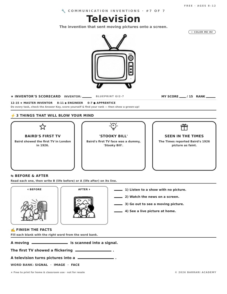 The free Television worksheet — fun facts and activities