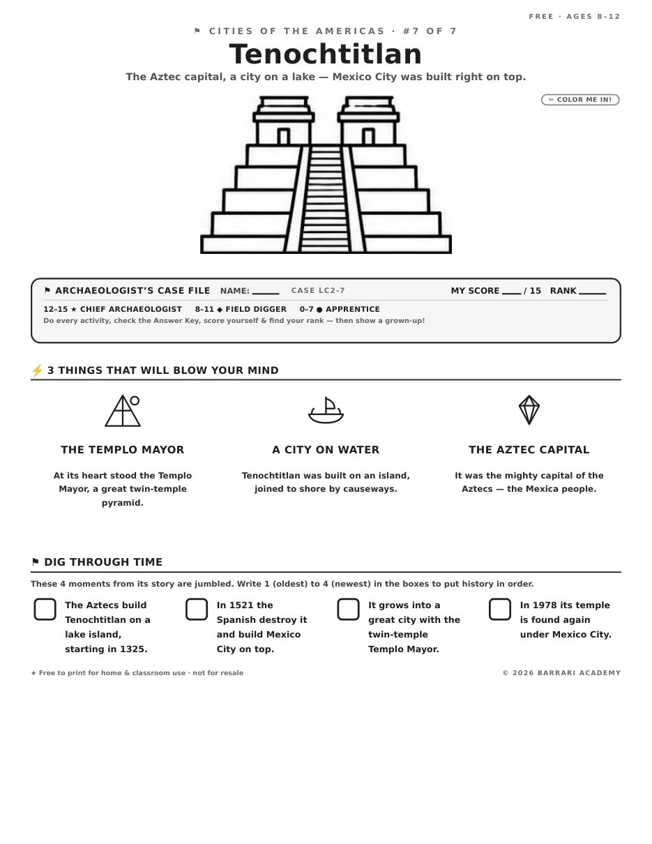 The free Tenochtitlan worksheet — fun facts and activities