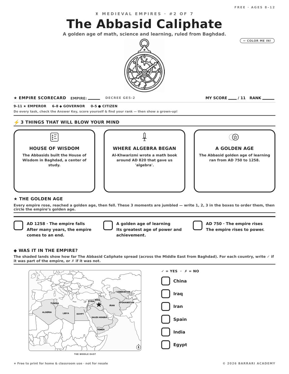 The free The Abbasid Caliphate worksheet — fun facts and activities