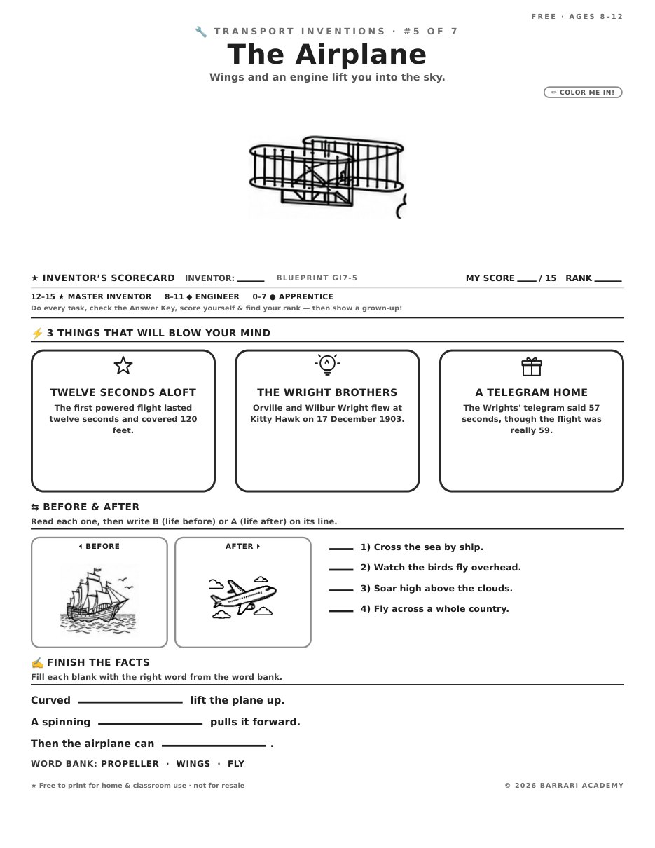 The free The Airplane worksheet — fun facts and activities