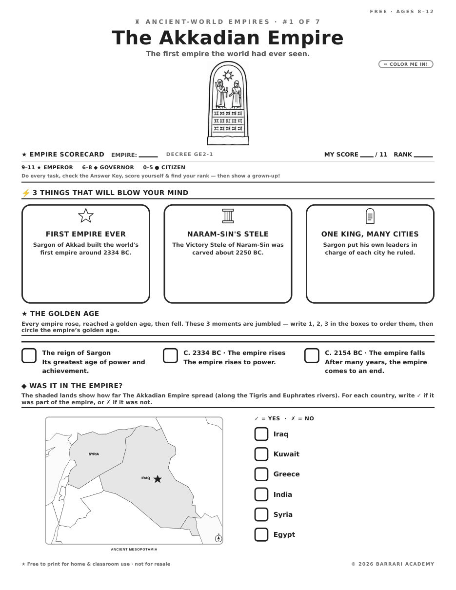 The free The Akkadian Empire worksheet — fun facts and activities