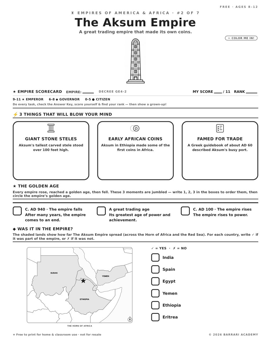 The free The Aksum Empire worksheet — fun facts and activities